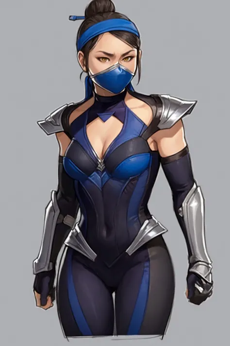 Bowei, kitana, 1girl, upper body, slim body, slim thighs, bodysuit, detail eyes, ninja mask , solo, lips, blue bodysuit , looking at viewer, simple background, gloves, black background, mole under mouth, eyeshadow, hands on hips, blue bodysuit,leather, latex, purple lips, 8k detailed,