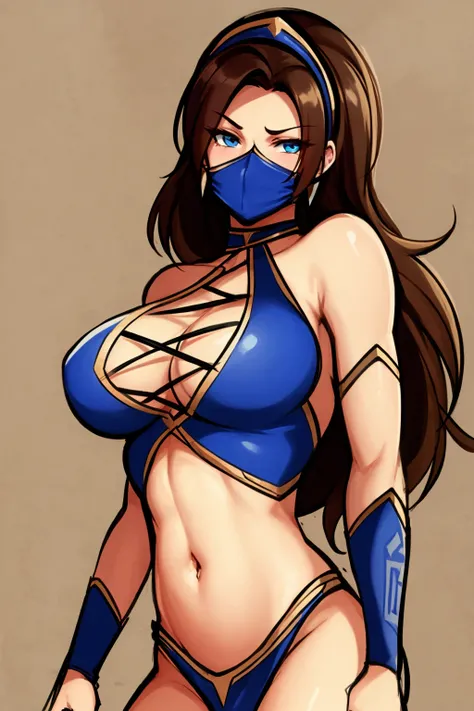 masterpiece, best quality, 1girl, kitana, brown hair, long hair, blue eyes, mouth mask, cleavage, hairband, bare shoulders, large breasts, closeup, sketch, solo, simple background <lora:KitanaMK9:1>