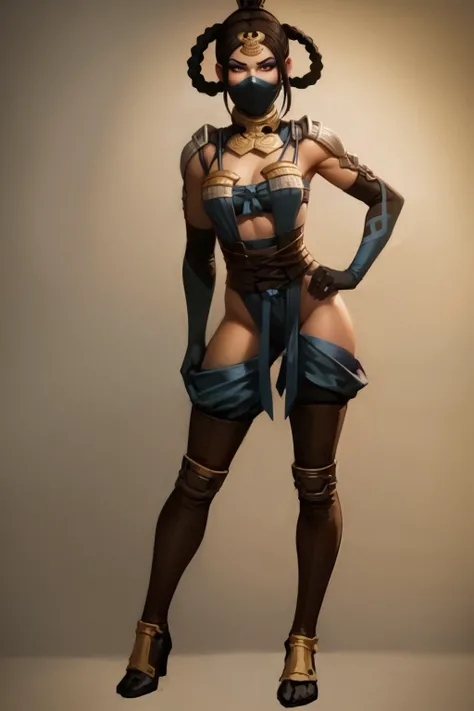 masterpiece, best quality, 1girl, kitana, braid, hair ornament, eyeshadow, mask, breasts, armor, elbow gloves, thighhighs , full body, solo, simple background <lora:KitanaMKX:1>