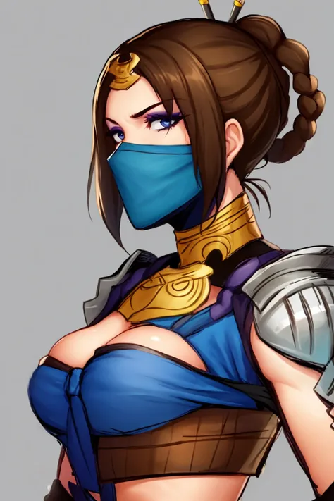 masterpiece, best quality, 1girl, kitana, braid, brown hair, blue eyes, hair ornament, mask, breasts, armor, closeup, sketch, solo, simple background <lora:KitanaMKX:1>