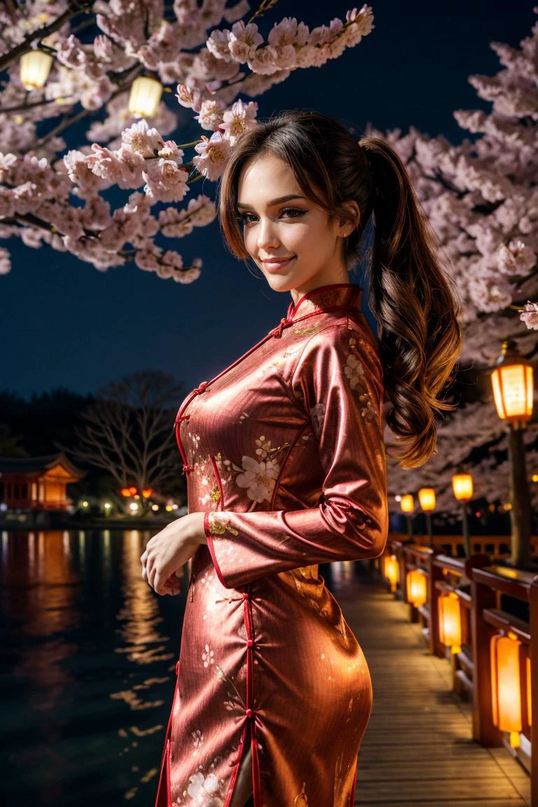 wearing a Cheongsam, shiny silk, floral design, looking at viewer, smirk, happy, medium shot, standing, outside, lake, night torii, fireworks, high quality, masterpiece, (sakura trees, cherry blossom), (paper lanterns, lunar new year) <lora:PerfectFullBreasts-fCV3.5:1.0>, <lora:more_details:0.8>, <lora:GoodHands-vanilla:0.8>, <lora:jalba2:0.8> jalba