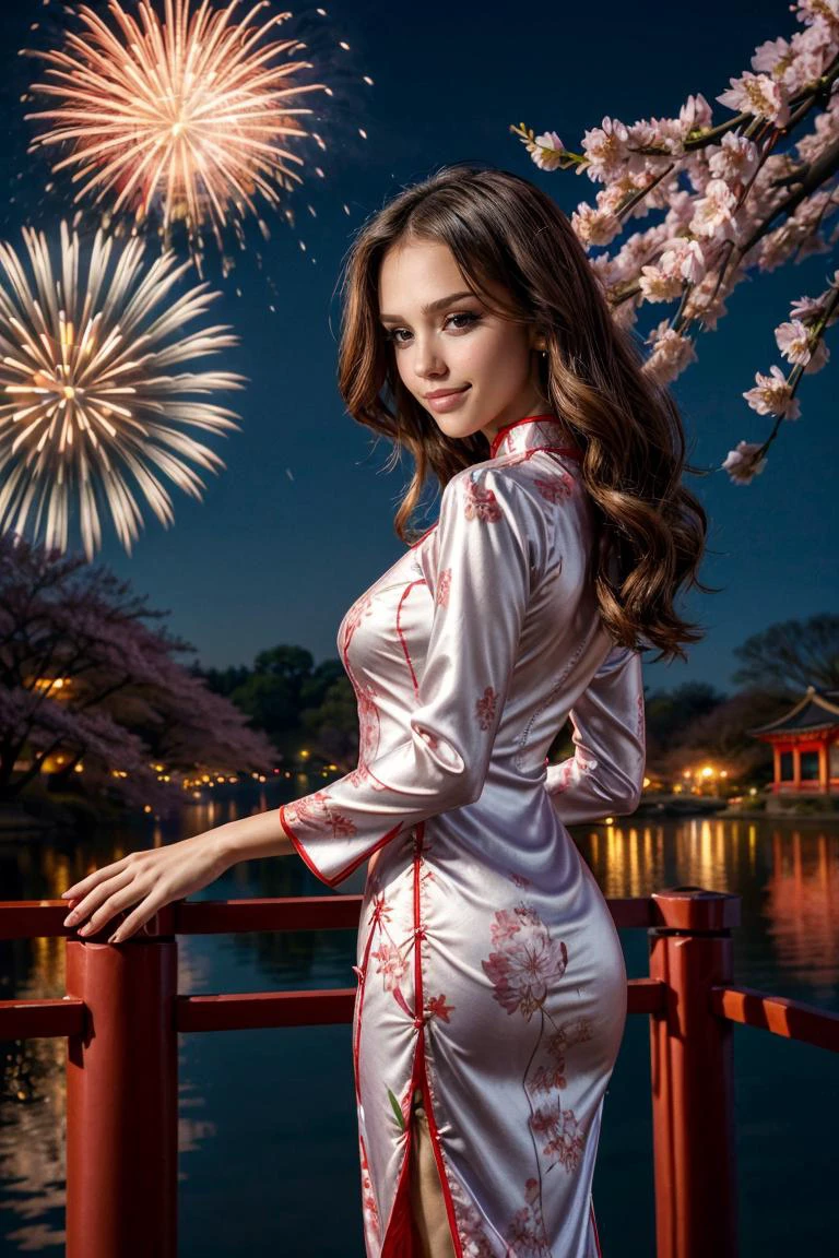 wearing a Cheongsam, shiny silk, floral design, looking at viewer, smirk, happy, medium shot, standing, outside, lake, night torii, fireworks, high quality, masterpiece, (sakura trees, cherry blossom), (paper lanterns, lunar new year) <lora:PerfectFullBreasts-fCV3.5:1.0>, <lora:more_details:0.8>, <lora:GoodHands-vanilla:0.8>,  <lora:jalba2:0.8> jalba
