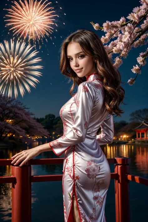 wearing a Cheongsam, shiny silk, floral design, looking at viewer, smirk, happy, medium shot, standing, outside, lake, night torii, fireworks, high quality, masterpiece, (sakura trees, cherry blossom), (paper lanterns, lunar new year) <lora:PerfectFullBreasts-fCV3.5:1.0>, <lora:more_details:0.8>, <lora:GoodHands-vanilla:0.8>,  <lora:jalba2:0.8> jalba