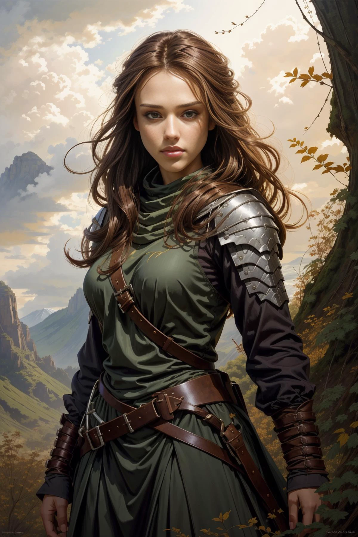 best quality, masterpiece, (jalba<lora:jalba2:1>, dark brown hair, dark brown eyes), in the style of trevor goring, red hair, green eyes, (Style-SwampMagic:0.4), portrait, looking up, solo, half shot, detailed background, (<lora:ExpeditionStyle:0.6>, ExpeditionStyle theme:1.1) glowing eyes, gentle smile, gentle, light fantasy, bright clouds, floating feathers, arms raised, bright realistic lighting, serene forest in background, <lora:BearlySD:0.8> oil painting