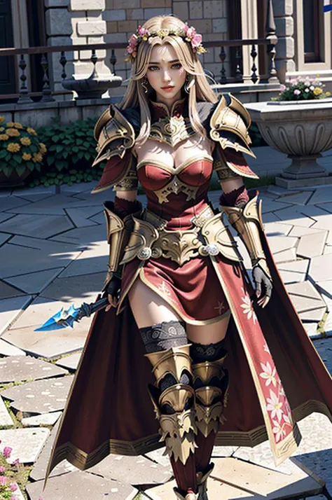(goddess-like happiness,flirtatious ,seductive:1.4),(RAW photo:1.2),(photorealistic:1.6),(ultimate quality, masterpiece:1.3),(intricate details:1.2),(detailed face:1.2),dramatic,ray tracing,(lens 135mm,f1.8:1.2),(model style, photograph),fFaceDetail,fHandDetail,dutch angle,cowboy shot,castle,
<lora:JessicaAlba-jalba2:0.8:lbw=FACE>,(Asian-Less:1.6),jalba,,
<lora:war_glamv1.1:0.655>,War_Glam,wearing War_Glam,
(flowery,flower knight girl, solo, walking towards viewer,holding weapon:1.6),floating hair,golden hair ornament,floating red cape,hook,viel,golden armor,fur trim,red armored dress,long velvet dress,medium breasts,narrow waist,magnificent,gorgeous,stockings,lace-trimmed legwear,gorgeous armor,breastplate,gauntlets,guardebras,leg armor,spurs,arms behind back,dramatic,motion blur,