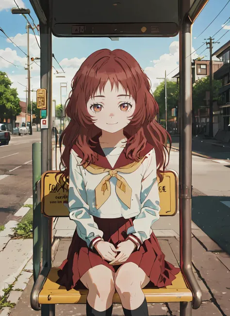 Age (13 Years Old, AS-Youngest), (masterpiece:1.2), highres, high quality, (perfect face and eyes:1.3), (textured skin:1.2), (solo), original, (wallpaper), mie, (glasses), long hair, serafuku, sailor collar,yellow neckerchief, white shirt, (purple eyes), school uniform, red skirt, red hair, <lora:mie-08:0.7> , sitting, bus stop, smile