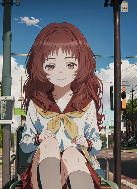 Age (13 Years Old, AS-Youngest), (masterpiece:1.2), highres, high quality, (perfect face and eyes:1.3), (textured skin:1.2), (solo), original, (wallpaper), mie, (glasses), long hair, serafuku, sailor collar,yellow neckerchief, white shirt, (purple eyes), school uniform, red skirt, red hair, <lora:mie-08:0.7> , sitting, bus stop, smile