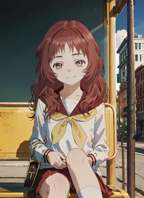 Age (13 Years Old, AS-Youngest), (masterpiece:1.2), highres, high quality, (perfect face and eyes:1.3), (textured skin:1.2), (solo), original, (wallpaper), mie, (glasses), long hair, serafuku, sailor collar,yellow neckerchief, white shirt, (purple eyes), school uniform, red skirt, red hair, <lora:mie-08:0.7> , sitting, bus stop, smile