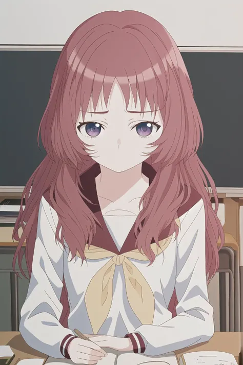 1girl, (masterpiece:1.2), highres, high quality, (perfect face and eyes:1.3), (textured skin:1.2), (solo), original, (wallpaper), mie, long hair, serafuku, sailor collar,yellow neckerchief, white shirt, (purple eyes), school uniform, red skirt, red hair, <lora:mie-08:0.7> classroom, desk, sitting, looking at viewer, book, intense color