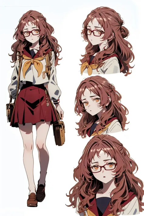 1girl, (masterpiece:1.3), (high resolution), (8K), (extremely detailed), (4k), (pixiv), perfect face, nice eyes and face, (best quality), (super detailed), detailed face and eyes, (solo), textured skin, absurdres, highres, <lora:CharacterDesign_Concept:1> (CharacterSheet:1), (multiple views, full body, upper body, reference sheet:1), <lora:mie-09:1> miewz, glasses, long hair, serafuku, sailor collar,yellow neckerchief, white shirt, purple eyes, school uniform, red skirt, red hair,
BREAK
simple background