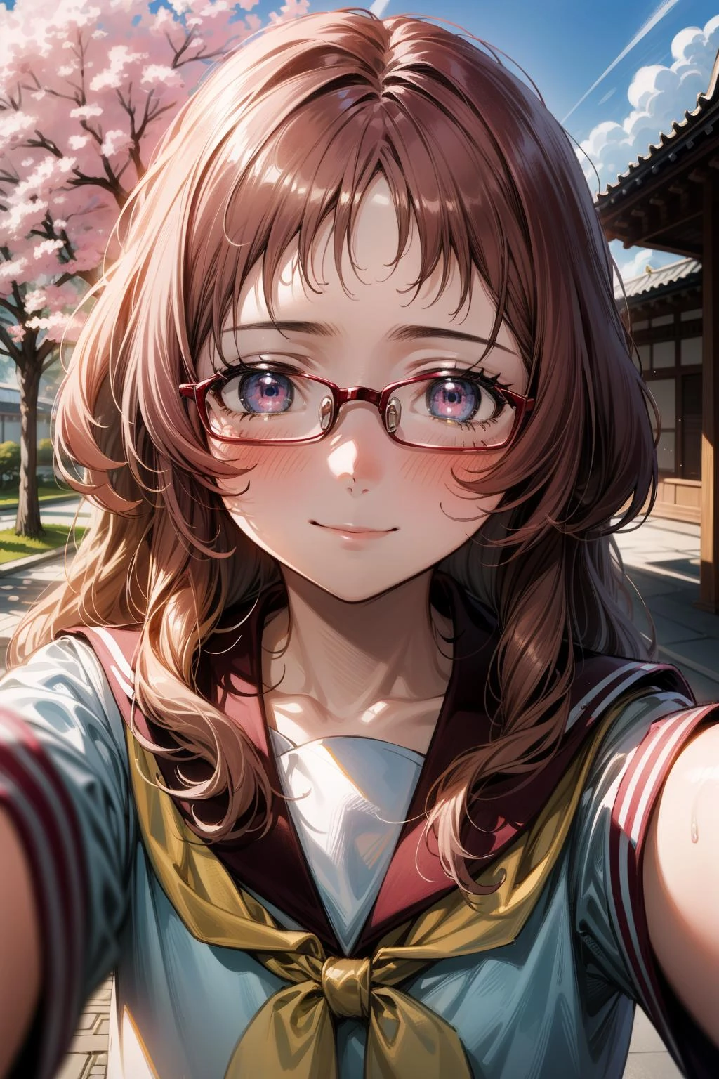 1girl, (masterpiece:1.3), (high resolution), (8K), (extremely detailed), (4k), (pixiv), perfect face, nice eyes and face, (best quality), (super detailed), detailed face and eyes, (solo), textured skin, absurdres, highres, <lora:mie-09:0.7>, miewz, glasses, long hair, serafuku, sailor collar,yellow neckerchief, white shirt, purple eyes, school uniform, red skirt, red hair, <lora:more_details:0.4>,
BREAK
pov, selfie, smile, temple, japanese architecture, outdoors, cherry blossoms,