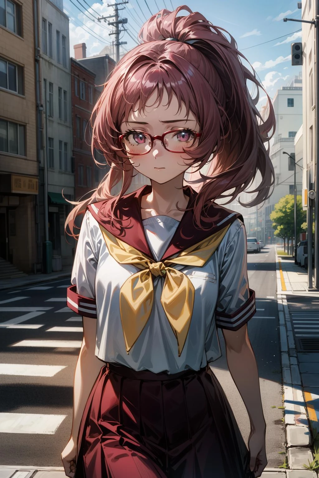 1girl, (masterpiece:1.3), (high resolution), (8K), (extremely detailed), (4k), (pixiv), perfect face, nice eyes and face, (best quality), (super detailed), detailed face and eyes, (solo), textured skin, absurdres, highres, <lora:mie-09:0.7>, miewz, glasses, long hair, ponytail, serafuku, sailor collar,yellow neckerchief, white shirt, purple eyes, school uniform, red skirt, red hair, <lora:more_details:0.4>,
BREAK
walking, city, street, closed mouth,