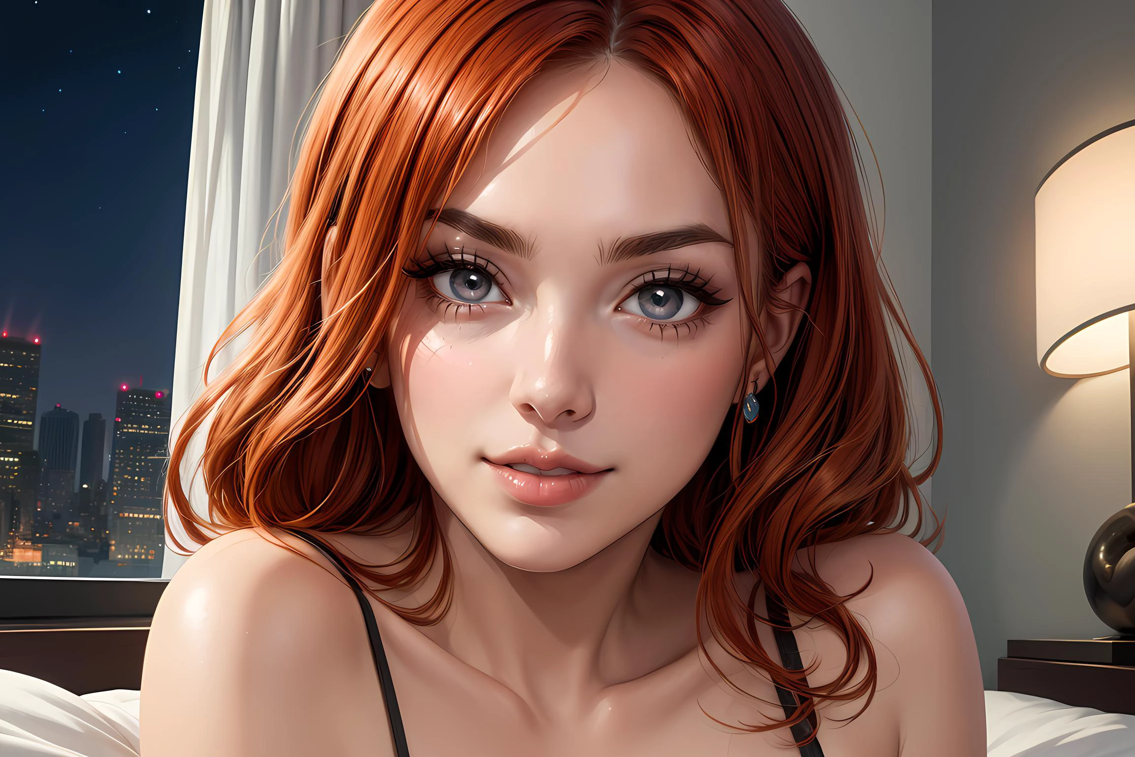 1 girl, mature female, <lora:nami:0.8> nami, long hair, nami face, orange hair, floating hair, <lora:miss_fortune_lol:0.6> miss fortune \(league of legends\), bare shoulders, (sleeveless:1.2), portrait, close up, round breasts, (pressed breast), (night:1.2), bed, hotel bedroom, luxury bedroom, window, city, buildings, lights, steamy body, looking at viewer, offcial art,extremely detailed CG unity 8k wallpaper, perfect lighting,Colorful, Bright_Front_face_Lighting, bright light, light colors, (masterpiece:1.0),(best_quality:1.0), ultra high res,4K,ultra-detailed, photography, 8K, HDR, highres, (vibrant_color:1.2),large_eyes, eyelashes, long_eyelashes, soft body, professional photograph, (beautiful_face:1.5), sexy smile, seductive smile, closed mouth, beautiful eyes, beautiful eyebrows, beautiful nose, beautiful lips, red lips, glossy lips, (jewelry:1.2), shiny jewelry, <lora:more_details:0.3>, lingerie, black lingerie, lace bra, expensive lingerie,