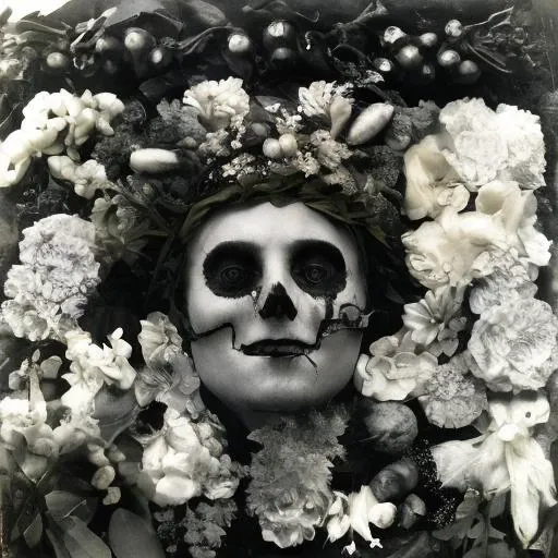 ohwx aesthetic, demonic portrait, horns, face portrait, detailed face, detailed skin pores, slayer album cover, flower crown, open skull, big lips mouth