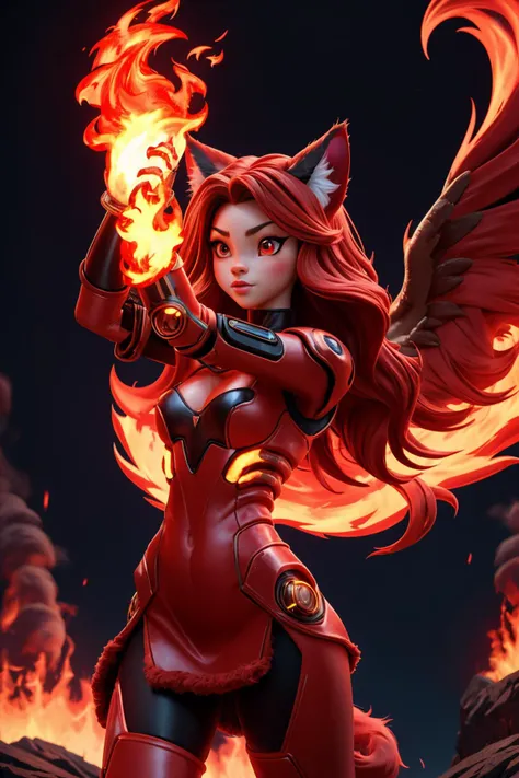 A photograph of a catgirl, fully cothed, red glowing cyberpunk dress, cute 18 year old catgirl, big cat paws, covered in red fur, fuzzy red tail, fuzzy red fur, beautiful red eyes, long red flowing hair, phoenix catgirl, fiery hair and arms, glowingeffects, fire, flames, exomagmatech, scifi, lava made, firefull, translucent, 4k, 35mm film, <lora:CatgirlLoraV7:0.4>, <lora:ExoMagmaTech:0.4>, <lora:FireElement_concept:0.4>