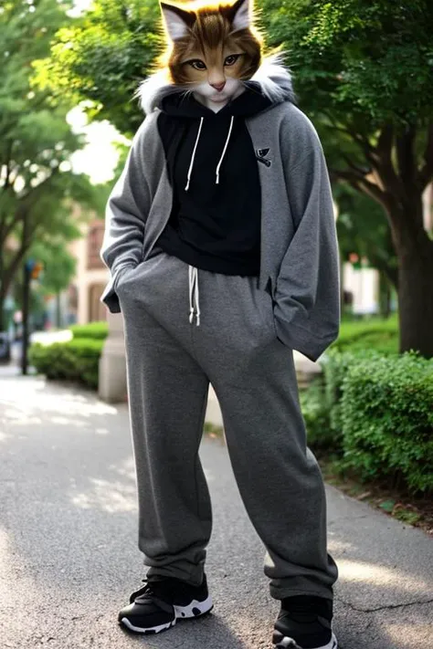 <lora:CatgirlLoraV1:1> catboy, 1boy, realistic, furry, fur, man, tail, standing, slender, hoodie and pants, closed clothes