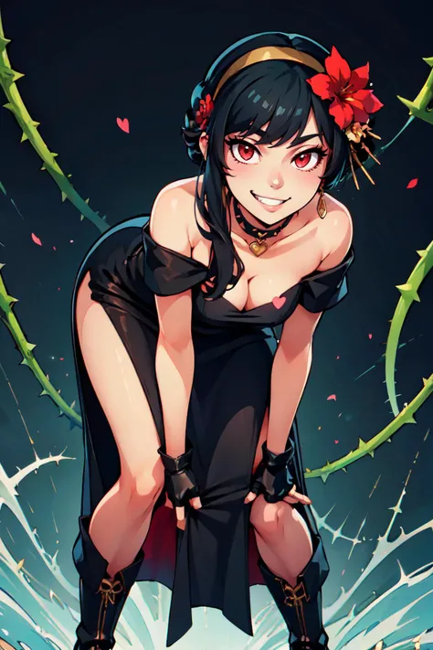 ((masterpiece,best quality)), absurdres, <lora:YorBriar:0.8>,   zzYor, black hair, red eyes,  (blue theme), looking at viewer, smile, bangs, large breasts, , hair ornament, , gloves, dress, cleavage, bare shoulders, flower, heart, , thighs, hairband, boots, choker, black gloves, hair flower, fingerless gloves, off shoulder, black footwear, grin, black dress, bare legs, leaning forward, rose, bent over, red flower, spikes, side slit, off-shoulder dress, hands on own knees, thorns, gold hairband, two-sided dress,