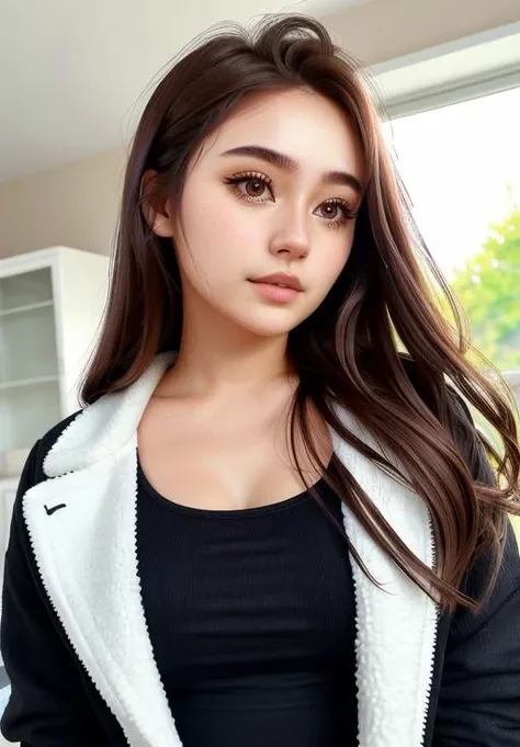 real, photoshoot, realistic, perspective, luminescent, illusion, atmospheric scene, masterpiece, best quality, (detailed beautiful face, detail skin texture, ultra-detailed body:1.1),
<lyco:jadeanh_vylerria_lycoris_01-000001:0.9>, jadeyanh-vylerria, 1girl, solo, long hair, brown hair, indoors, realistic, lips, brown eyes, looking at viewer, jacket, upper body, window, closed mouth, black shirt