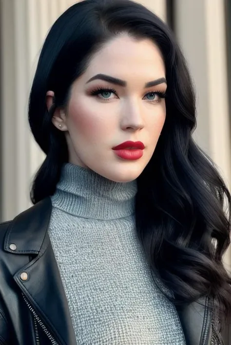 photo of beautiful ( evnclr:0.99), ((club makeup:1.2)),( wearing a turtleneck sweater and leather jacket,:1.2), RAW candid cinema, 16mm, color graded portra 400 film, remarkable color, ultra realistic, textured skin, remarkable detailed pupils, realistic dull skin noise, visible skin detail, skin fuzz, dry skin, shot with cinematic camera, detailed skin texture, (blush:0.2), red lipstick,(goosebumps:0.3), subsurface scattering