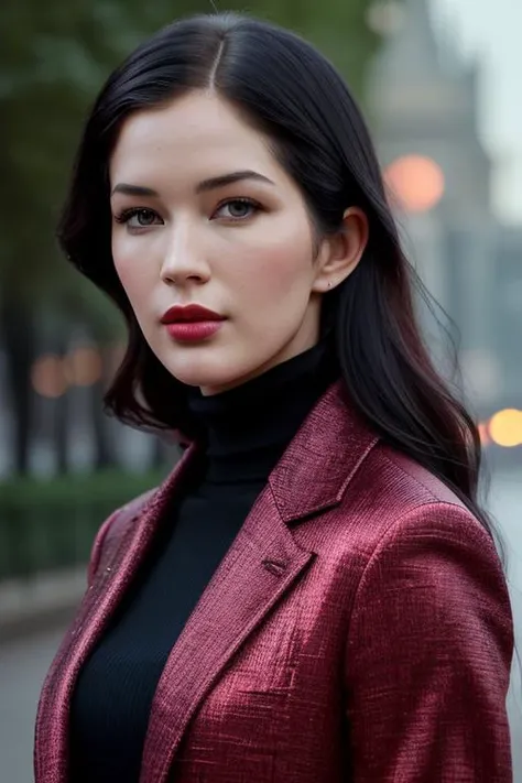 photo of beautiful ( evnclr:0.99), a woman as a movie star, red lipstick, turtleneck sweater, jacket, (trousers), modelshoot style, (extremely detailed CG unity 8k wallpaper), photo of the most beautiful artwork in the world, professional majestic oil painting by Ed Blinkey, Atey Ghailan, Studio Ghibli, by Jeremy Mann, Greg Manchess, Antonio Moro, trending on ArtStation, trending on CGSociety, Intricate, High Detail, Sharp focus, dramatic, photorealistic painting art by midjourney and greg rutkowski, (walking down the street), (in moscow :1.2), (looking at viewer), (detailed eyes:1.2), (windblown hair:1.2), (perfect eyes:1.3), ((closeup portrait:1.2)), (bokeh)