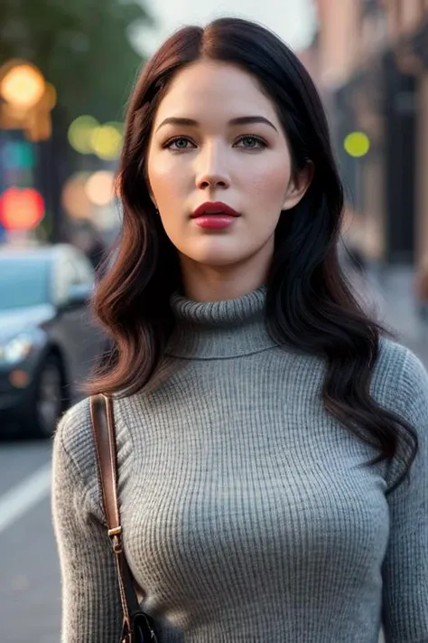 photo of beautiful ( evnclr:0.99), a woman as a movie star, red lipstick, turtleneck sweater, jacket, (trousers), modelshoot style, (extremely detailed CG unity 8k wallpaper), photo of the most beautiful artwork in the world, professional majestic oil painting by Ed Blinkey, Atey Ghailan, Studio Ghibli, by Jeremy Mann, Greg Manchess, Antonio Moro, trending on ArtStation, trending on CGSociety, Intricate, High Detail, Sharp focus, dramatic, photorealistic painting art by midjourney and greg rutkowski, (walking down the street), (in moscow :1.2), (looking at viewer), (detailed eyes:1.2), (windblown hair:1.2), (perfect eyes:1.3), ((closeup portrait:1.2)), (bokeh)