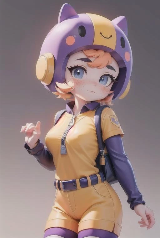 bsbea , yellow jumpsuit , shorts , Purple Long Stockings , orange hair  ,zipper tab  ,Freckles ,hands ,Purple sleves, helmet <lora:bsbea-000005:0.8>  upper body, masterpiece, best quality