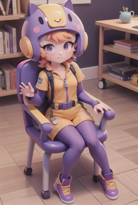 bsbea , yellow jumpsuit , shorts , Purple Long Stockings , orange hair ,zipper tab ,Freckles ,Purple sleves, helmet <lora:bsbea-000005:0.8> sit in a chair, masterpiece, best quality