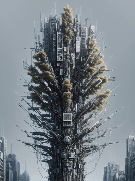 ais-mechdystopia tree, standing tall amidst a concrete jungle, branches reaching skyward like antennas towards a digital sky <lora:Mech_Dystopia_Style_SDXL:1>