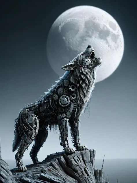 ais-mechdystopia wolf, standing on the edge of a cliff, howling at a full moon <lora:Mech_Dystopia_Style_SDXL:1>