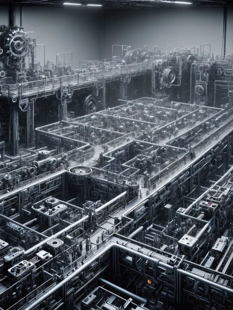 ais-mechdystopia production facility, with a maze of conveyors and mechanical arms, humming with activity, in the glow of soft, ambient light <lora:Mech_Dystopia_Style_SDXL:1>