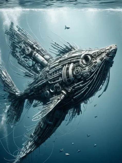 ais-mechdystopia fish, swimming serenely underwater through a river of light and shadow <lora:Mechanical_Dystopia_SD1.5:1>