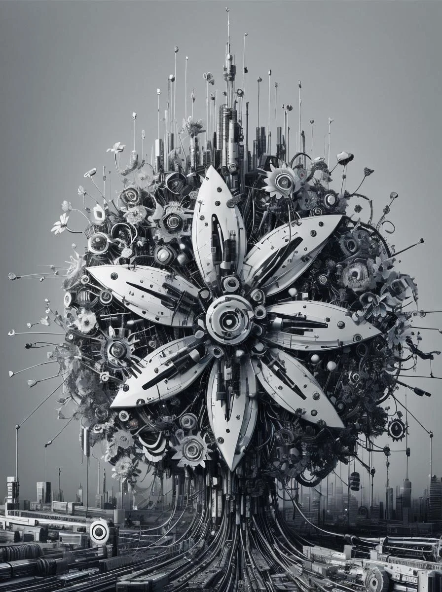 ais-mechdystopia rose, blooming vibrantly amidst a garden of steel and light, petals shimmering with an otherworldly glow <lora:Mechanical_Dystopia_SD1.5:1>
