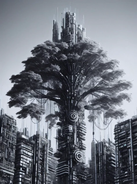 ais-mechdystopia tree, standing tall amidst a concrete jungle, branches reaching skyward like antennas towards a digital sky <lora:Mechanical_Dystopia_SD1.5:1>