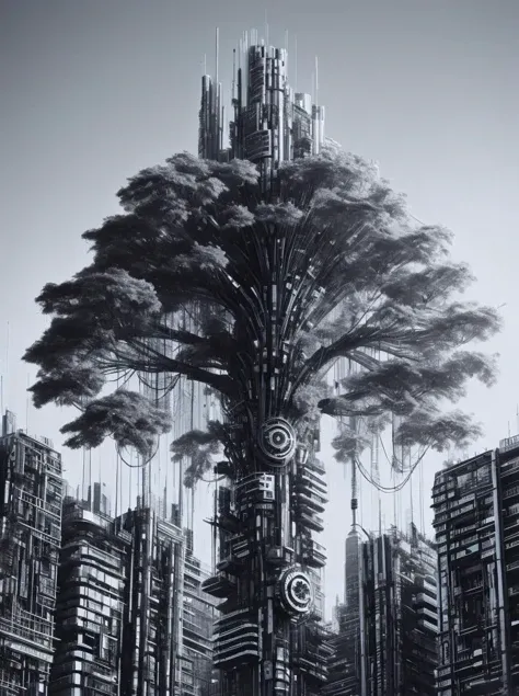 ais-mechdystopia tree, standing tall amidst a concrete jungle, branches reaching skyward like antennas towards a digital sky <lora:Mechanical_Dystopia_SD1.5:1>
