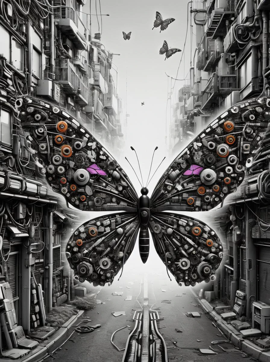 A colourful ais-mechdystopia butterfly, fluttering delicately through an alley of flickering neon, a brief burst of color in a monochrome world <lora:Mechanical_Dystopia_SD1.5:1>