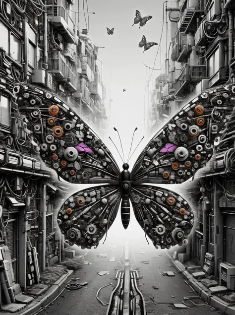 A colourful ais-mechdystopia butterfly, fluttering delicately through an alley of flickering neon, a brief burst of color in a monochrome world <lora:Mechanical_Dystopia_SD1.5:1>