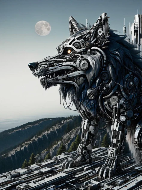 ais-mechdystopia wolf, standing on the edge of a cliff, howling at a full moon <lora:Mechanical_Dystopia_SD1.5:1>