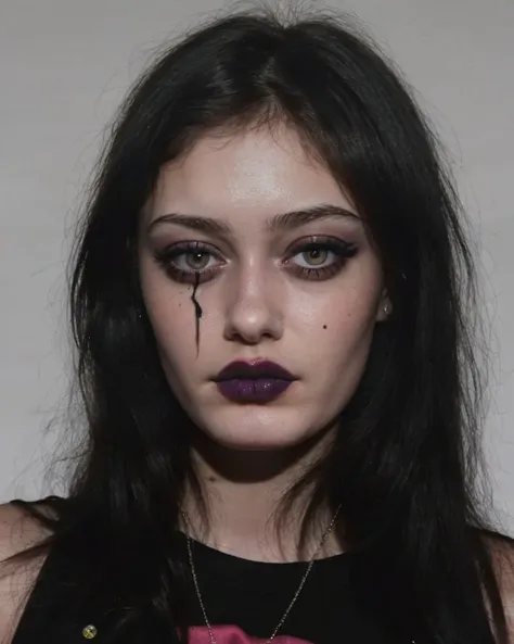 Chz-EllaP2, (meticulously-detailed, Ultra-HD-realistic:1.3), close-up RAW photo of 1girl as a goth ???, (wearing heavy emo makeup:1.3), blood-red-lips, midnight-black-eyeliner, (flirtatious smile), punk-rock-haircut, goth girlz rule, emo 4 life, simple background, (perfect-eyes, masterpiece, best quality:1.4), Wanna be creepy and sad with me?,