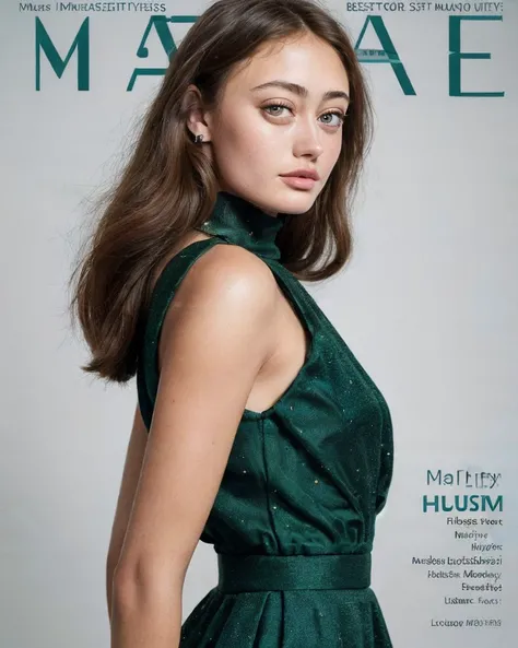 Chz-EllaP2, (8k, meticulously-detailed, Ultra-HD-realistic:1.3), staged-snapshot, close-up, RAW photo of a supermodel, wearing a high-neck green gown with blue accents, (Magazine cover formatting:1.3), haute-couture, cosmetics, professional lighting, artistic composition, perfect shading, simple background, (perfect-eyes, masterpiece, best quality:1.4),