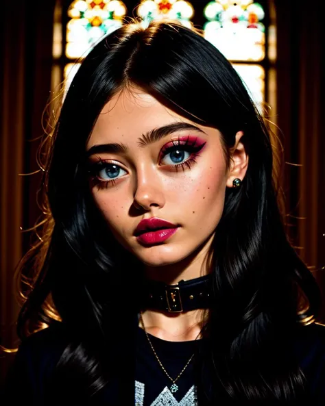 Chz-EllaP2, (meticulously-detailed, Ultra-HD-realistic:1.3), close-up RAW photo of 1girl as a goth , (wearing heavy emo makeup:1.3), blood-red-lips, midnight-black-eyeliner, (flirtatious smile), punk-rock-haircut, goth girlz rule, emo 4 life, simple background, (perfect-eyes, masterpiece, best quality:1.4), Wanna be creepy and sad with me?,