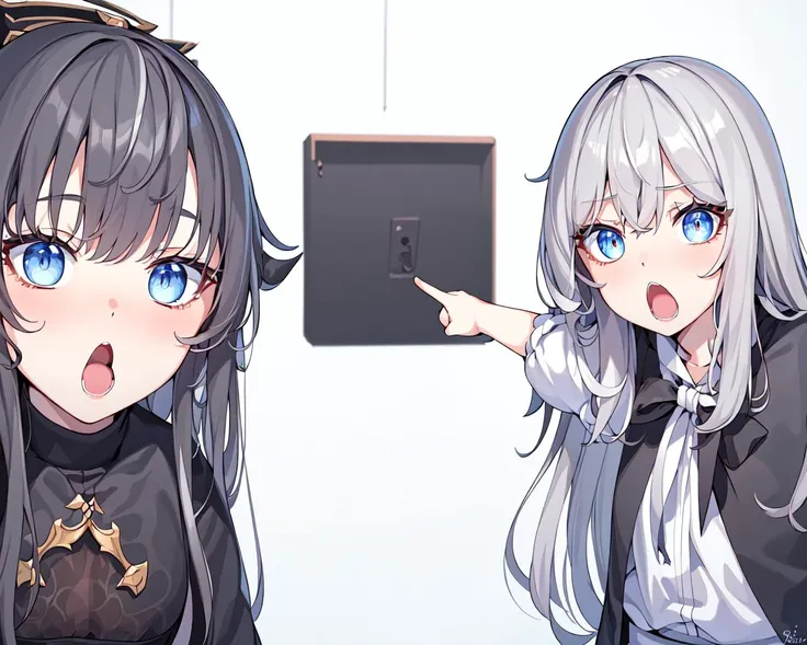 (best quality, masterpiece), soyjaks, (2girl, duo,open mouth, :o, pointing, long hair, gray hair, *//*, blue eye, *//*, white blouse, looking at viewer,), (white background) <lora:meme-10:1>