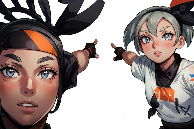 (masterpiece, best quality), intricate details,
2girls, <lora:SaitouV1:0.8> bea \(pokemon\), bow hairband, print shirt, tied shirt, black bodysuit, bodysuit under clothes, single glove, print shorts, knee pads, barefoot
<lora:meme:0.8> soyjaks,