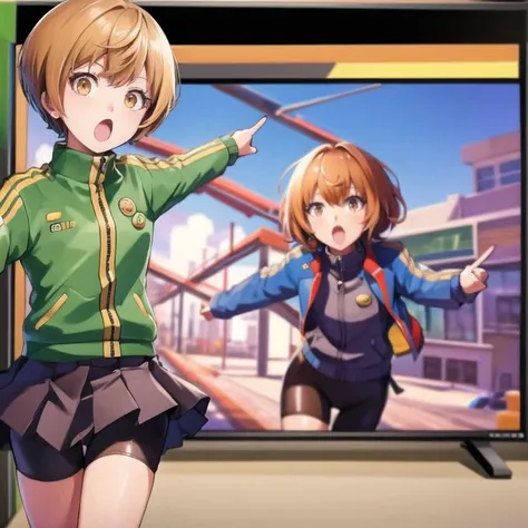 <lora:meme:1>, 2girls, duo, pointing, open mouth, :o,  <lora:chie:0.7>, chie, track jacket, skirt, bike shorts, flat screen tv behind, electronic store