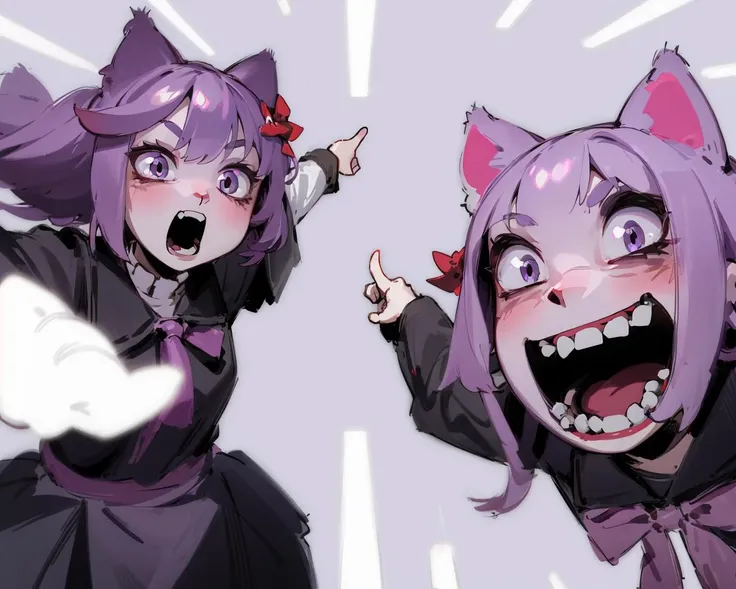 soyjaks, (2girl, duo,open mouth, :o, pointing)  <lora:soyjaks:0.8>
masterpiece, highest quality, best quality, hair bow, 
masunya, cat ears, (purple skin color:1.1),  <lora:my_LoRA_masunya_v3:0.3>
lozhkin, big smile, open mouth, accurate teeth with gaps, <lora:lozhkin_V1:0.3>