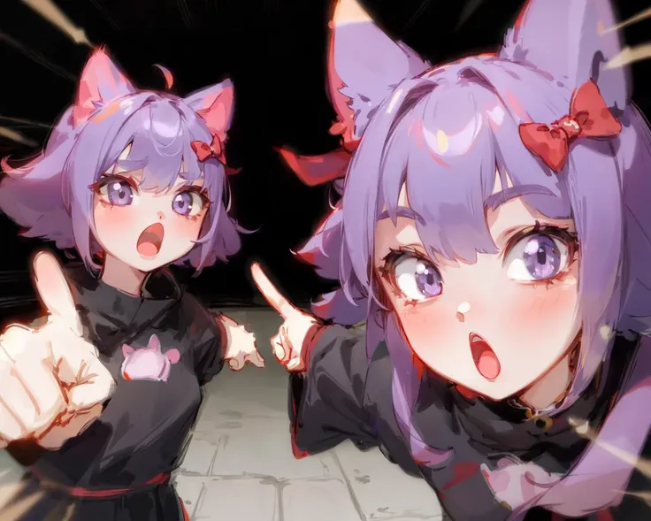 soyjaks, (2girl, duo,open mouth, :o, pointing) <lora:soyjaks:0.8>
masterpiece, highest quality, best quality, hair bow,
masunya, cat ears, (purple skin color:1.1), <lora:my_LoRA_masunya_v3:0.5>