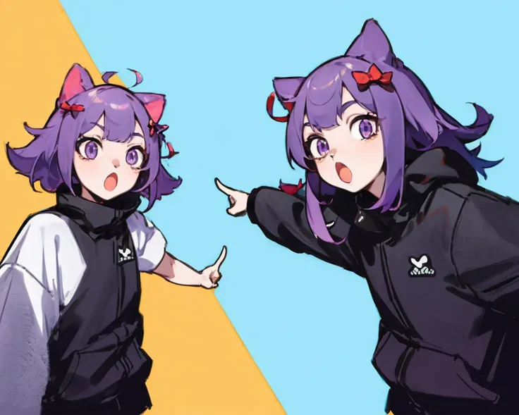 soyjaks, (2girl, duo,open mouth, :o, pointing) <lora:soyjaks:0.8>
masterpiece, highest quality, best quality, hair bow,
masunya, cat ears, (purple skin color:1.1), <lora:my_LoRA_masunya_v3:0.5>