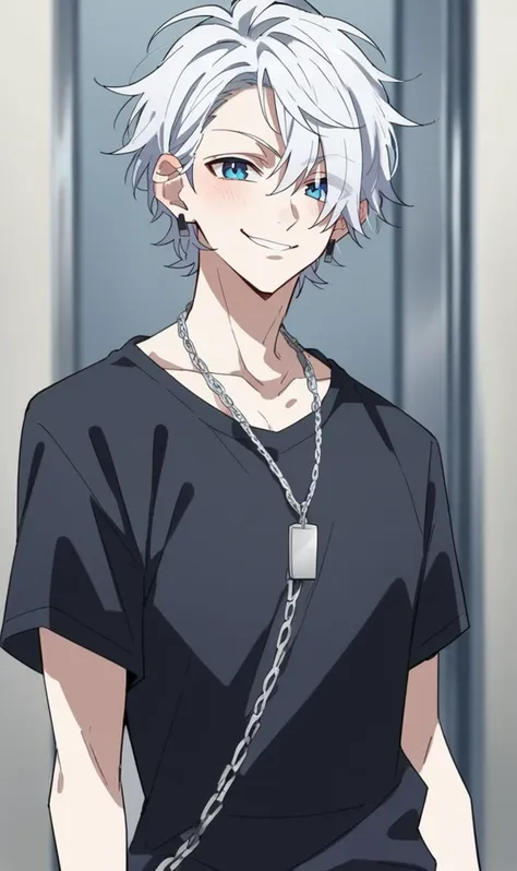 masterpiece, best quality, highres, male focus, 1boy,  18 years old boy, bluish white hair, blue eyes, pale skin, lean body type, wearing a black shirt, linked stud earring, chained necklace, aesthethic, looking at the viewer, smirk, <lora:Koyuki_Ayase:0.7>