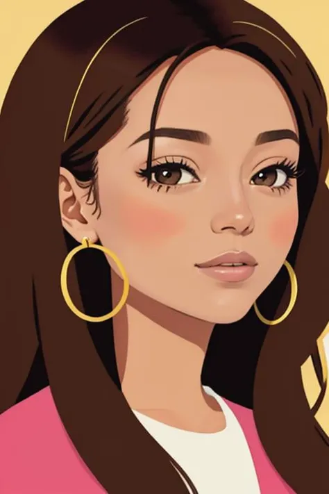 a beautiful woman, (amb3r_st3v3ns), with long brown hair,(illustration), cover art, (((minimalist))), (stylized), (high contrast), lipstick, eyeshadow, blush, pink yellow highlights, lively, earrings, looking at viewer, close-up, abstract, geometric, ((outdoor city)) background, fashion, expressive, vibrant, ((portrait)), ((upper body shot)), side (face) <lora:anime_minimalist_v1:0.4>