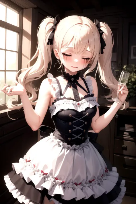 <lora:runny_makeup_v0.2:1.2>
1girl, runny makeup, 
idol, twintails, closed eyes, wavy mouth, frilled dress,,, masterpiece, best quality, highly detailed