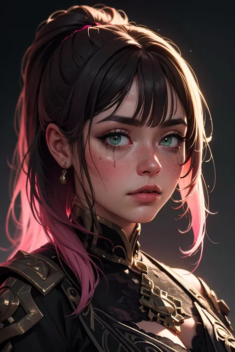 (masterpiece, best quality, highres, high resolution:1.2), extremely detailed, intricate details, 1girl, solo, looking at viewer, clamEmma, <lora:clamEmma:0.6>,  <lora:runny_makeup_v0.2:1> runny makeup, side-swept bangs, black hair, pink IncursioDipDyedHair, messy mid ponytail, green eyes, thick eyebrows, freckles, <lora:DipDyedHair:0.8>, <lora:weight_slider_v2:0.25>, (cinematic lighting, bloom, volumetric)